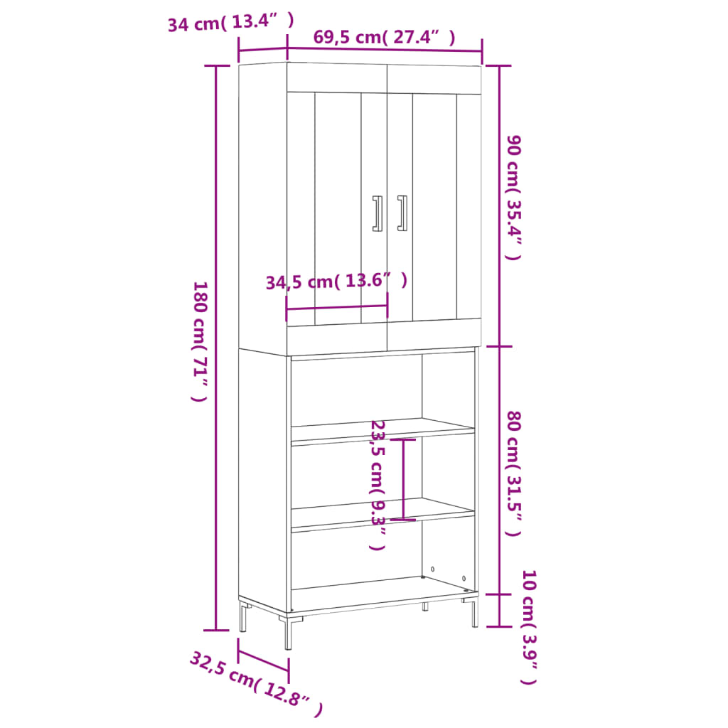 vidaXL Skříň highboard lesklá bílá 69,5 x 34 x 180 cm kompozitní dřevo