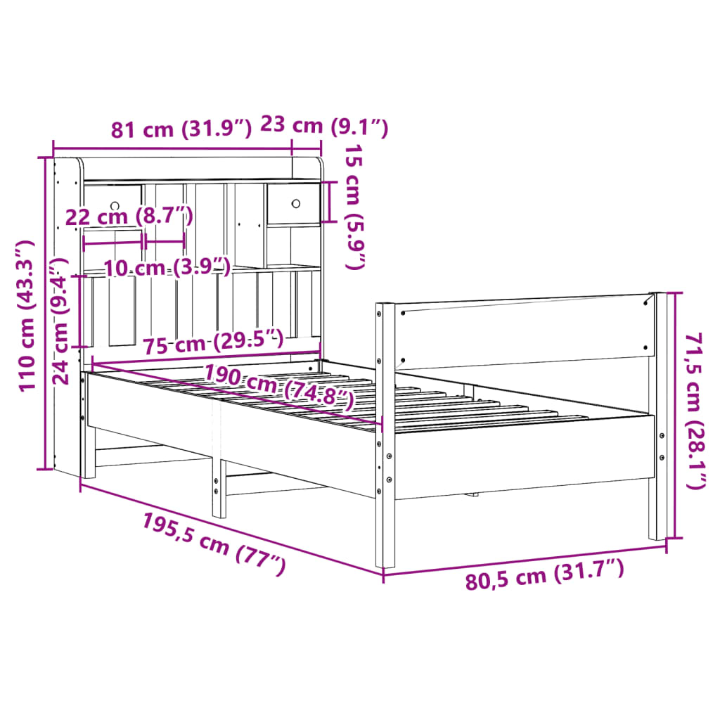 vidaXL Postel s knihovnou bez matrace hnědá 75x190 cm masivní borovice