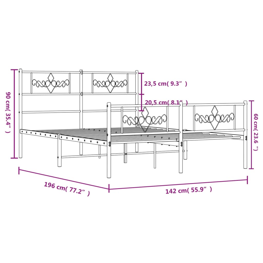 vidaXL Kovový rám postele s hlavovým a nožním čelem bílý 135 x 190 cm