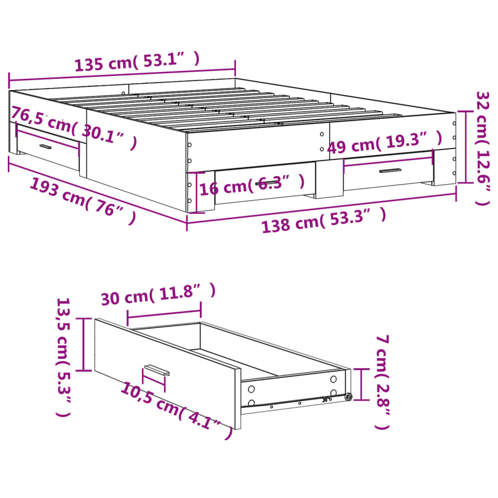 vidaXL Rám postele se zásuvkami černý 135 x 190 cm kompozitní dřevo