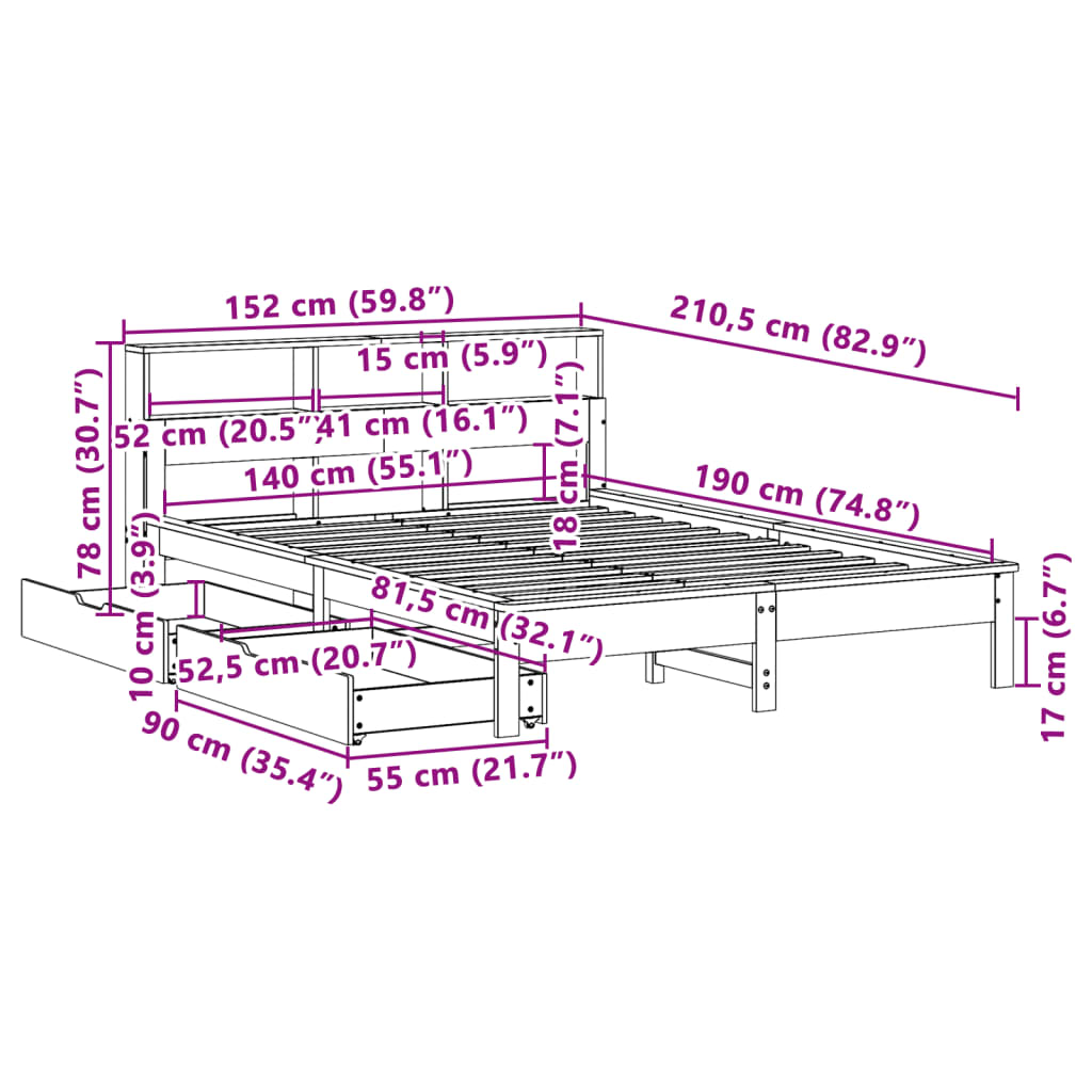 vidaXL Postel s knihovnou bez matrace 140 x 190 cm masivní borovice