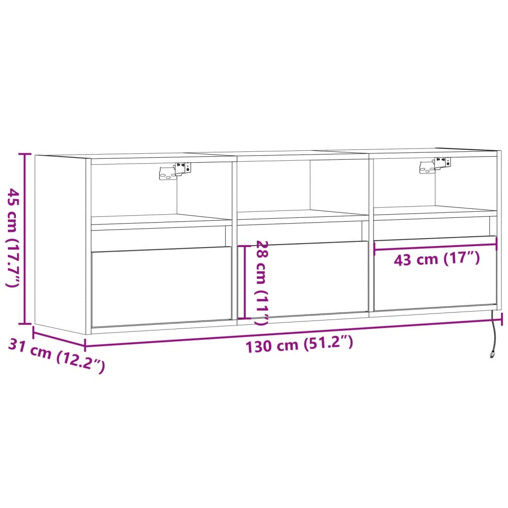 vidaXL Nástěnná TV skříňka s LED osvětlením černá 130 x 31 x 45 cm