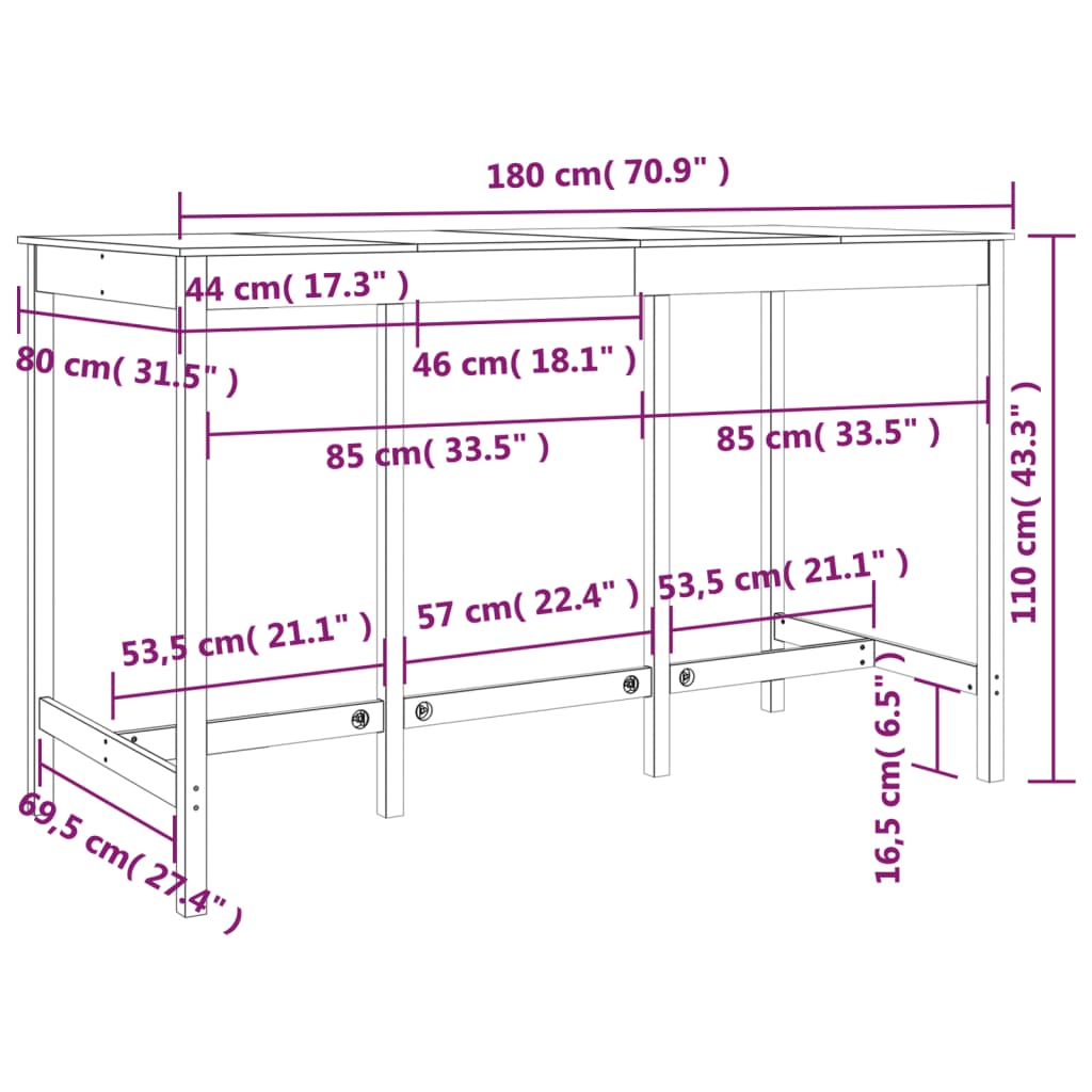 vidaXL Barový stolek medově hnědý 180x80x110 cm masivní borové dřevo