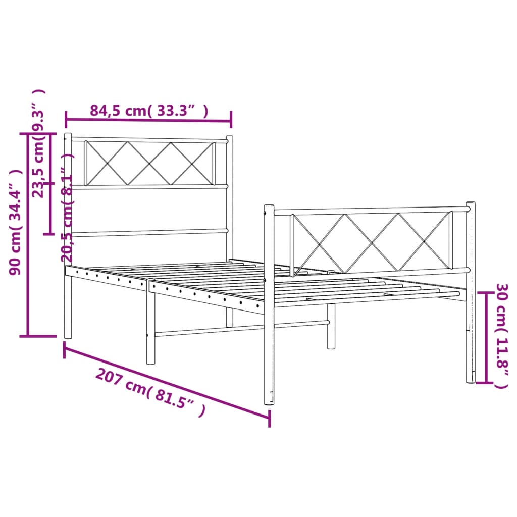 vidaXL Kovový rám postele s hlavovým a nožním čelem bílý 80 x 200 cm