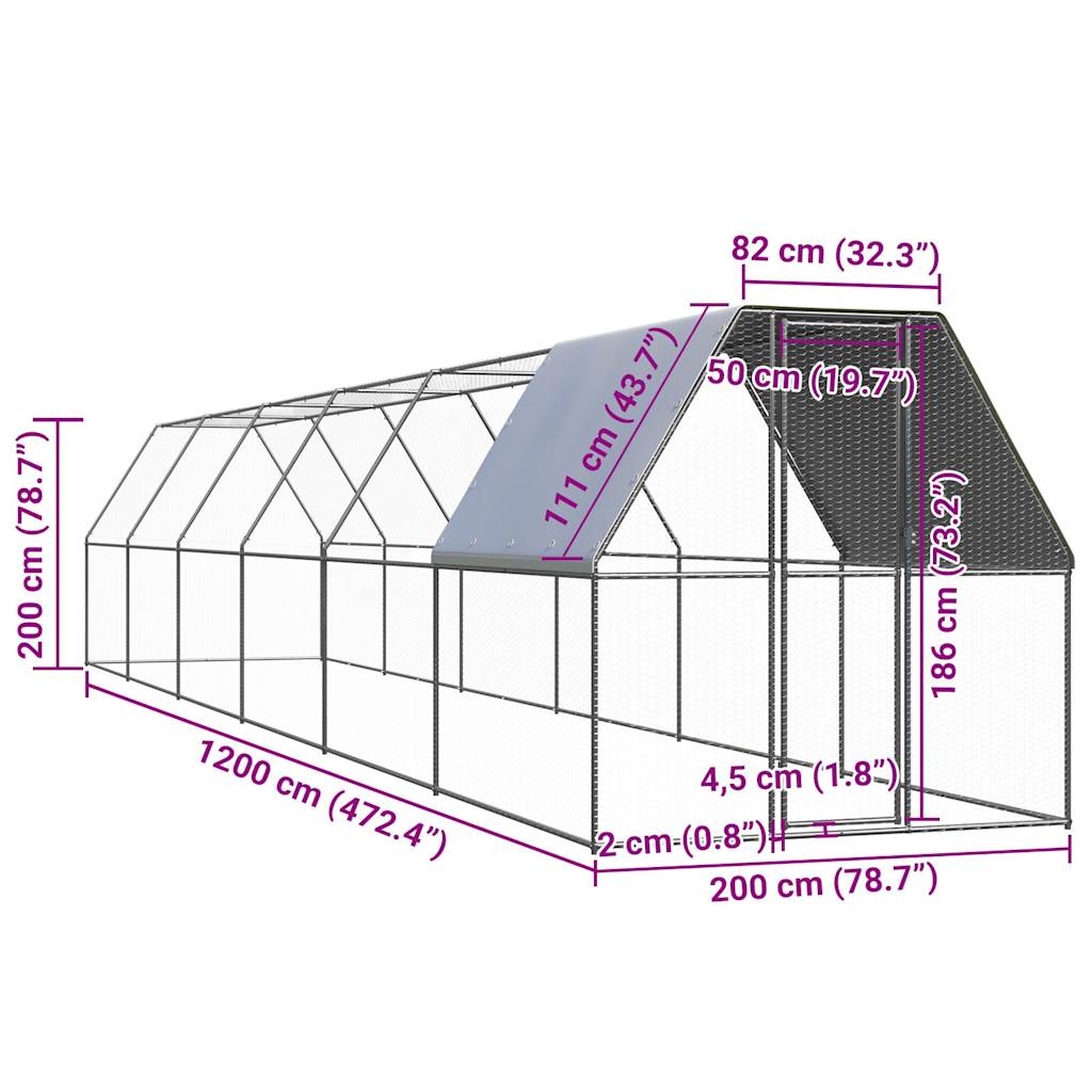 vidaXL Klec pro kuřata 2 x 12 x 2 m pozinkovaná ocel