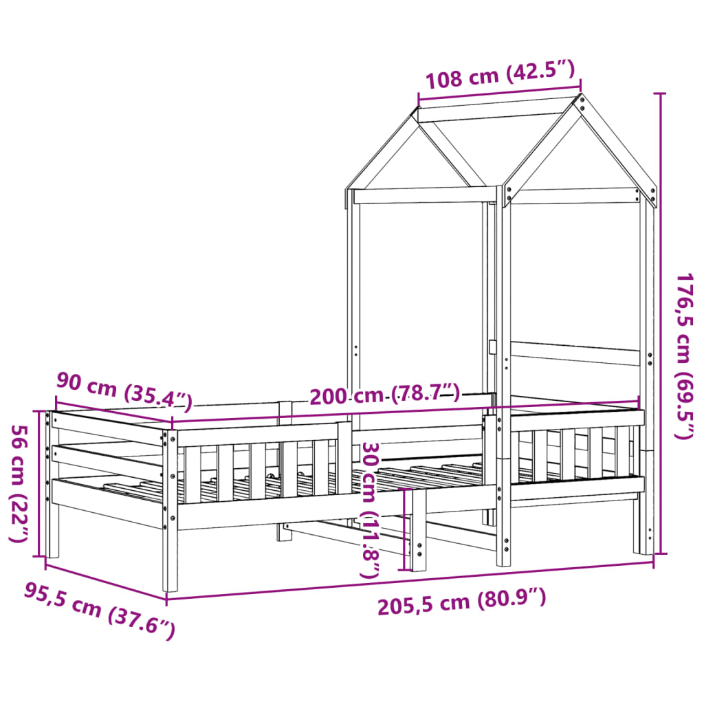 vidaXL Rám postele se střechou 90 x 200 cm masivní borovice