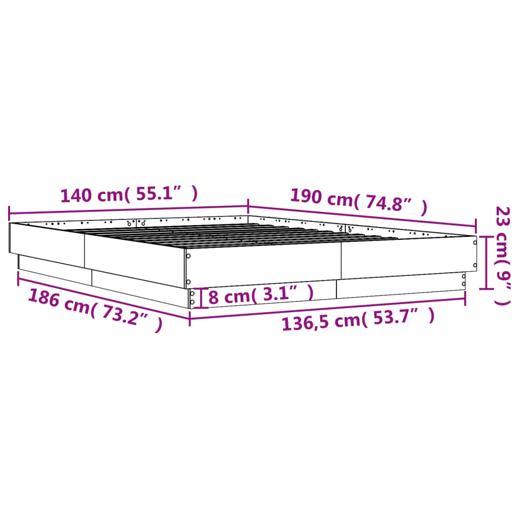 vidaXL Rám postele s LED osvětlením šedý sonoma 140 x 190 cm