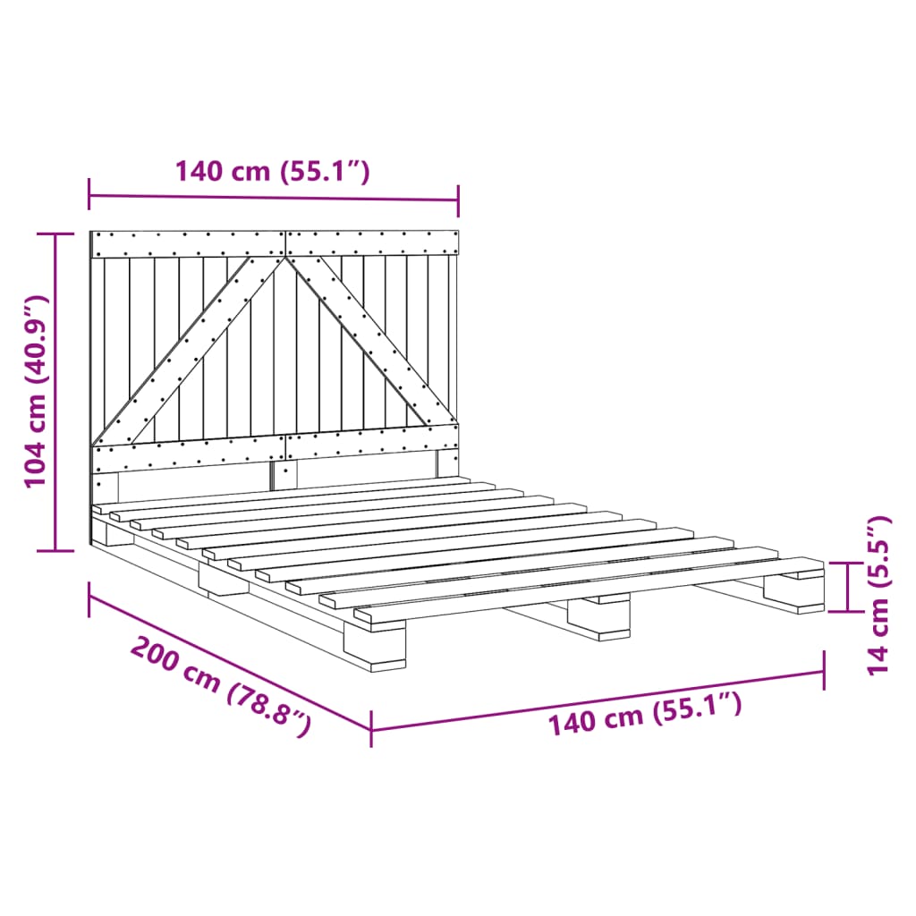 vidaXL Rám postele s čelem šedý 140 x 200 cm masivní borové dřevo