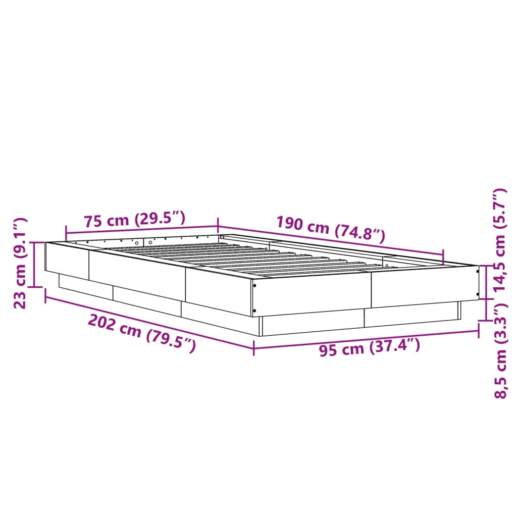 vidaXL Rám postele s LED osvětlením dub sonoma 75 x 190 cm kompozit