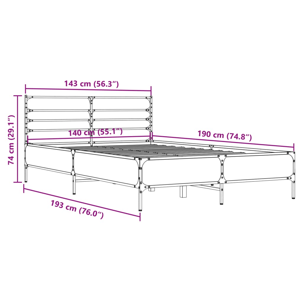 vidaXL Rám postele šedý sonoma 140 x 190 cm kompozitní dřevo a kov