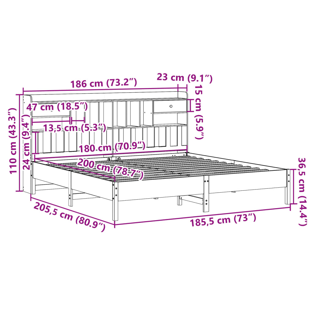 vidaXL Postel s knihovnou bez matrace bílá 180x200 cm masivní borovice