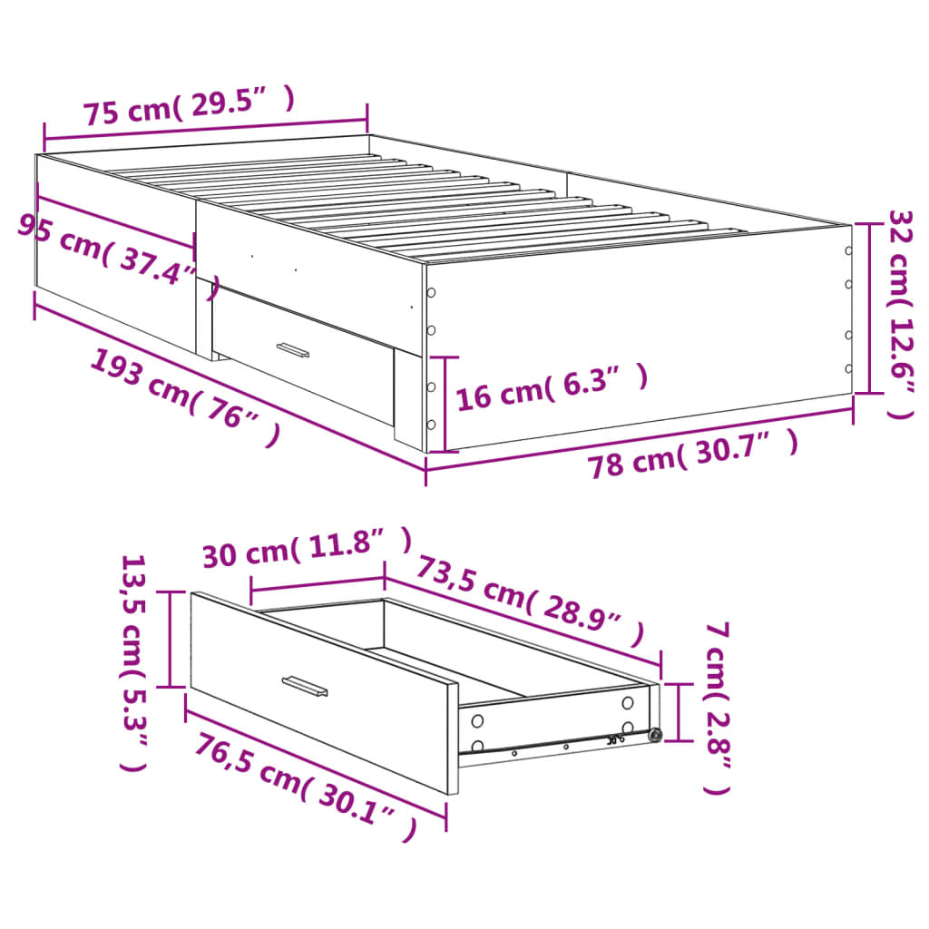 vidaXL Rám postele se zásuvkami betonově šedý 75 x 190 cm kompozit