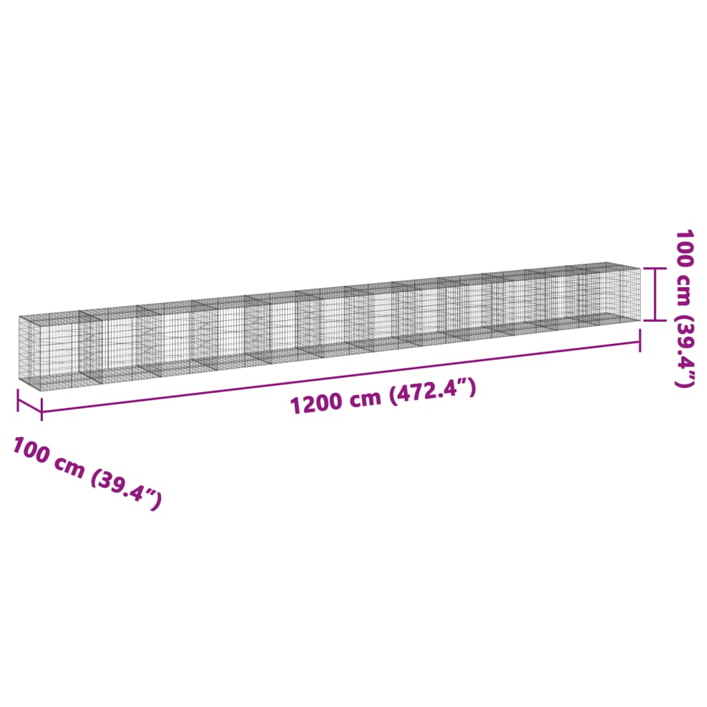 vidaXL Gabionový koš s víkem 1 200 x 100 x 100 cm pozinkované železo