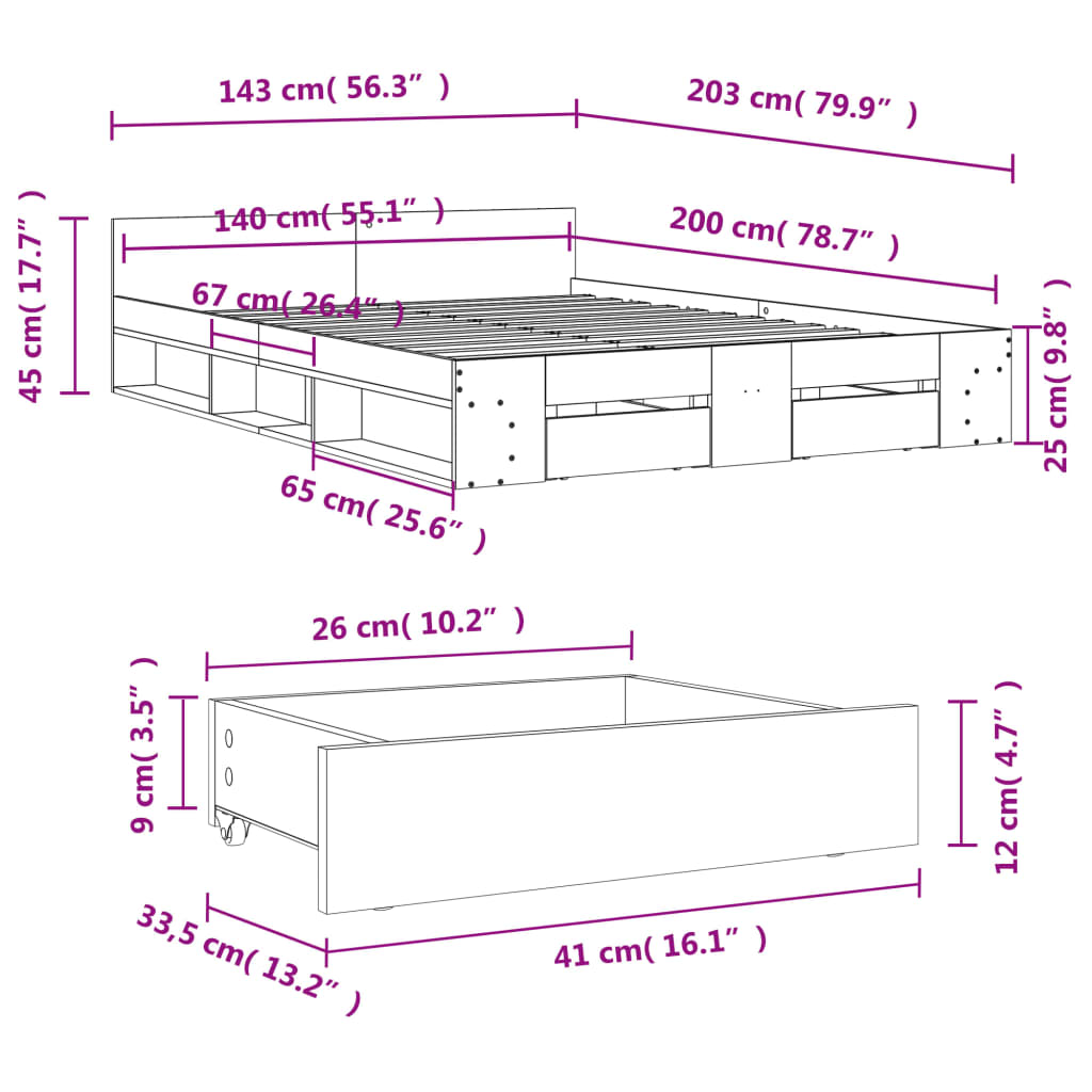 vidaXL Rám postele se zásuvkami dub sonoma 140x200 cm kompozitní dřevo