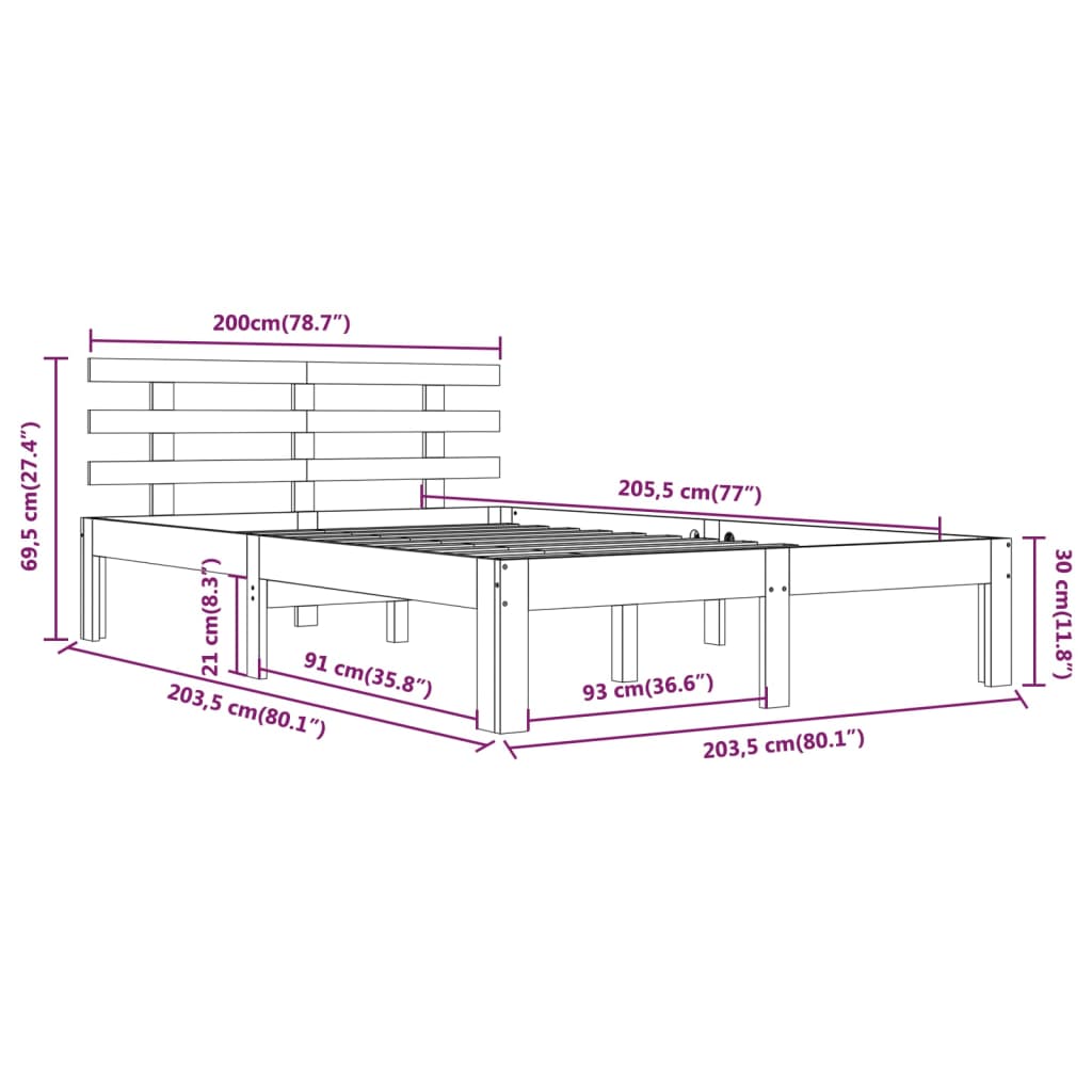 vidaXL Rám postele šedý masivní dřevo 200 x 200 cm