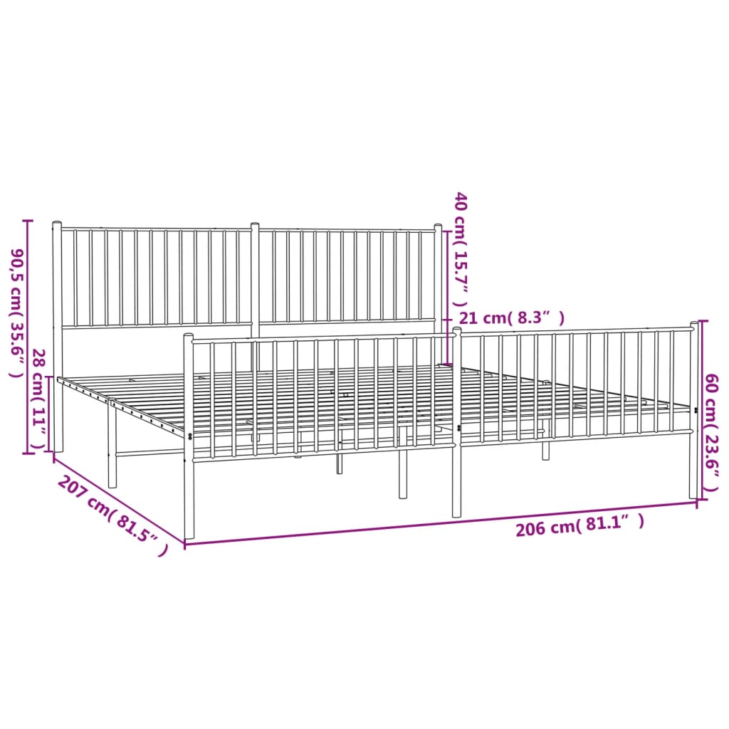 vidaXL Kovový rám postele s hlavovým a nožním čelem černý 200 x 200 cm