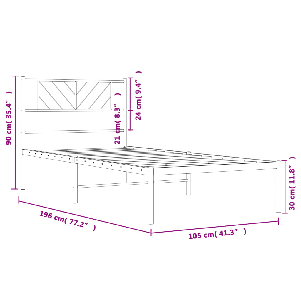 vidaXL Kovový rám postele s čelem bílý 100 x 190 cm