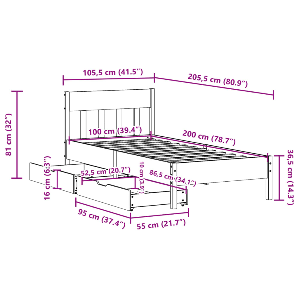 vidaXL Postel bez matrace bílá 100 x 200 cm masivní borovice