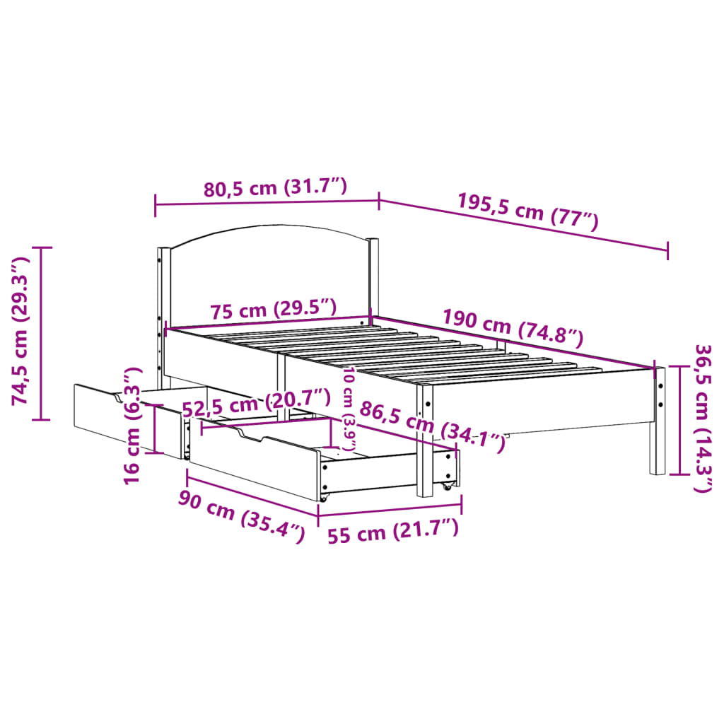 vidaXL Postel bez matrace 75 x 190 cm masivní borovice