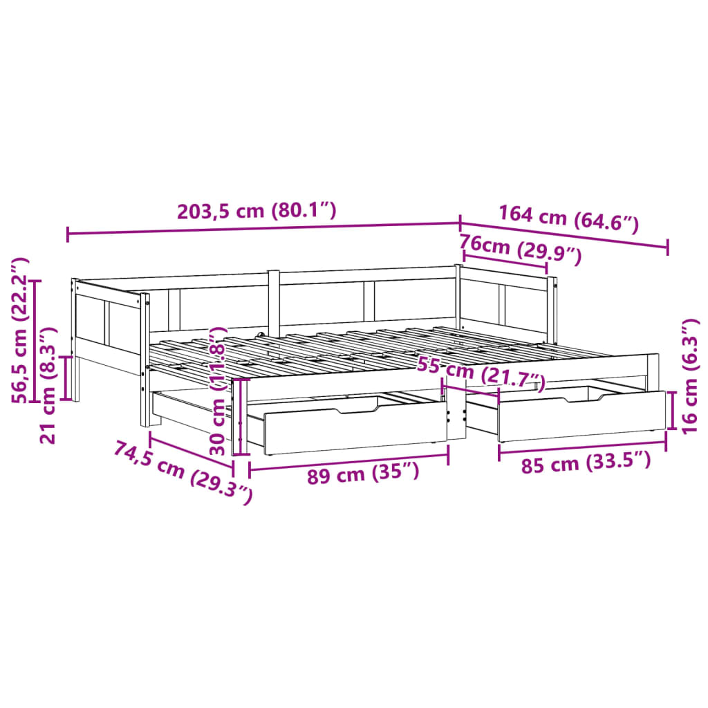 vidaXL Válenda s přistýlkou a zásuvkami bez matrace 80x200 cm