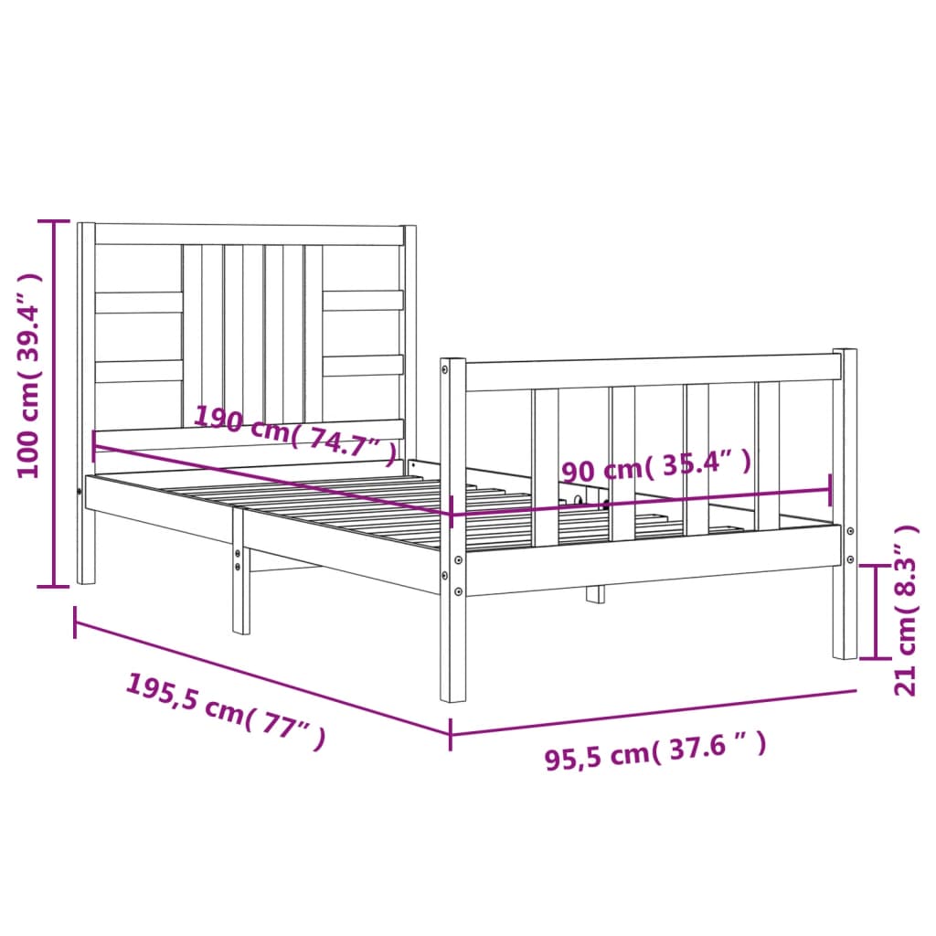 vidaXL Rám postele s čelem bílý 90 x 190 cm masivní dřevo