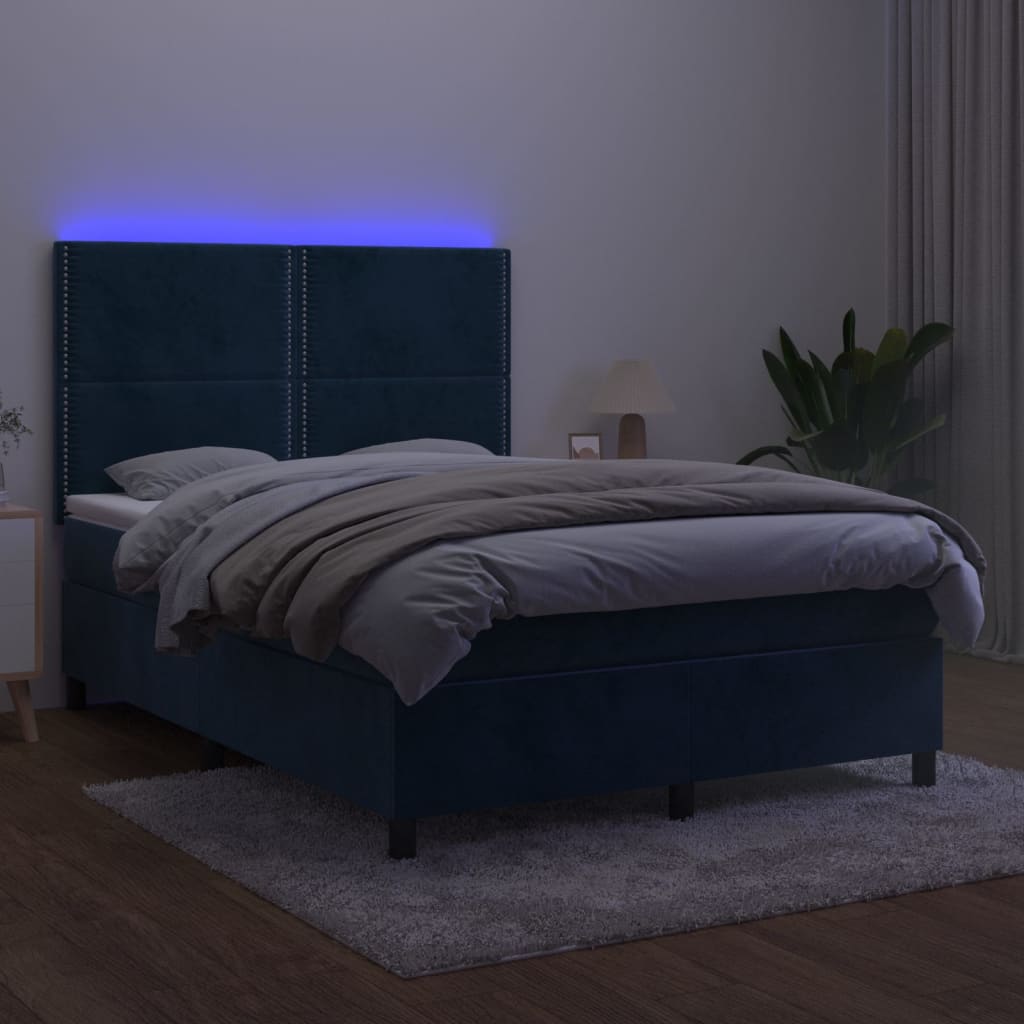 vidaXL Box spring postel s matrací a LED tmavě modrá 140x190 cm samet