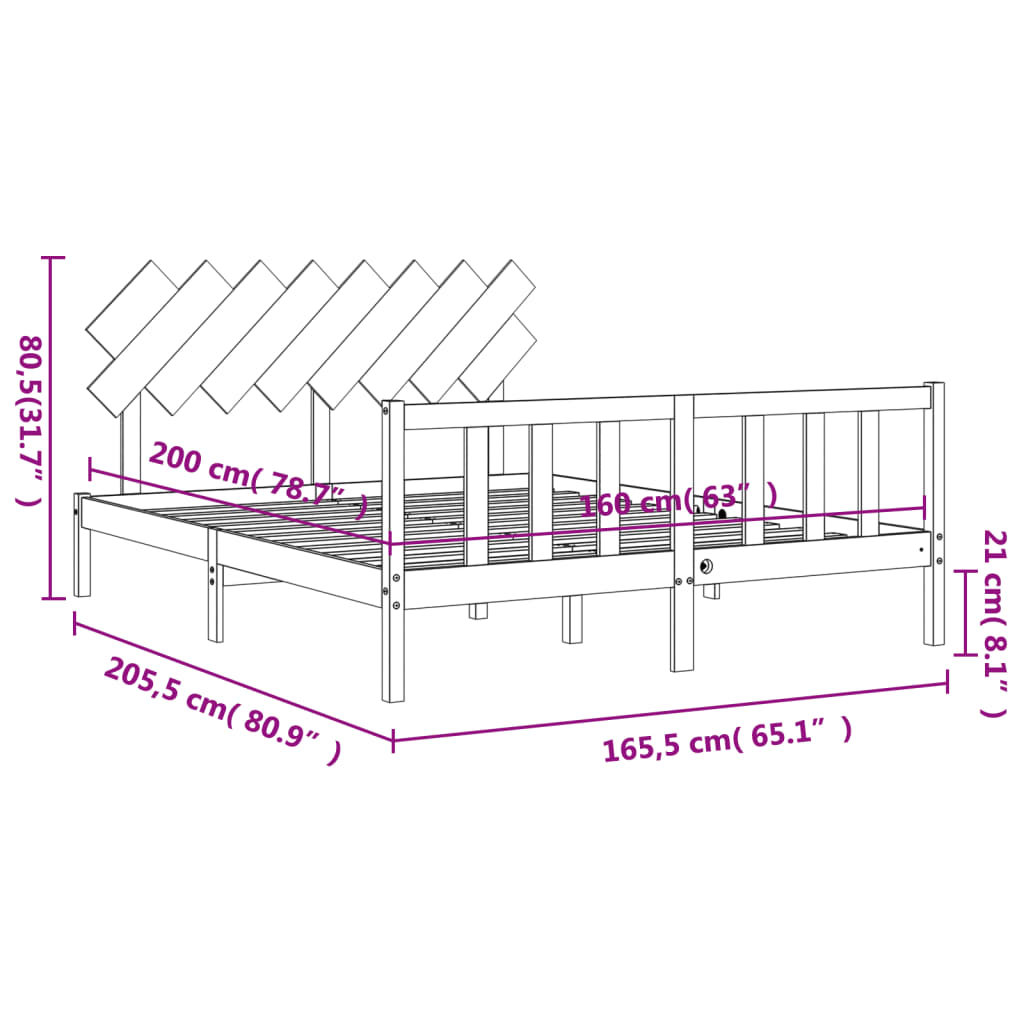 vidaXL Rám postele s čelem černý 160 x 200 cm masivní dřevo