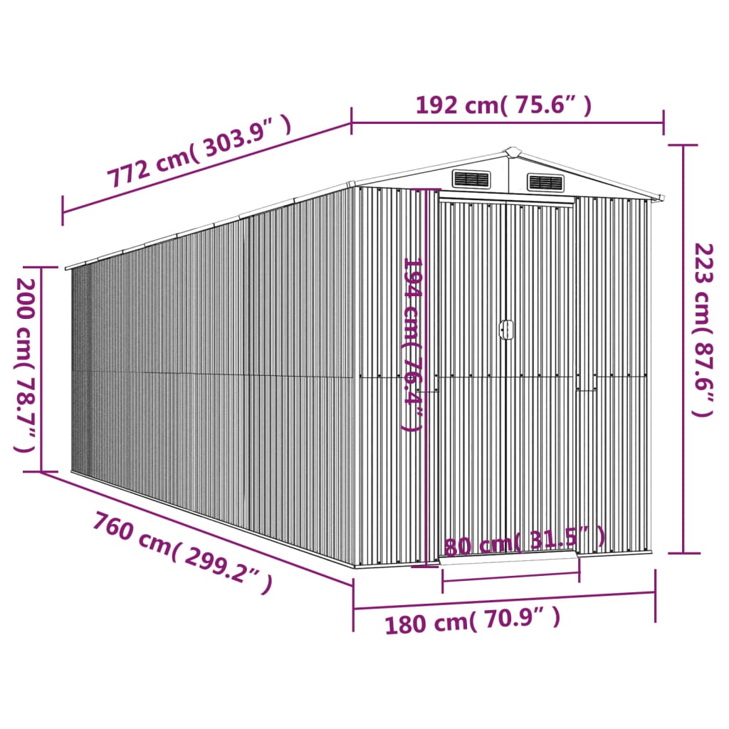 vidaXL Zahradní kůlna antracitová 192 x 772 x 223 cm pozinkovaná ocel