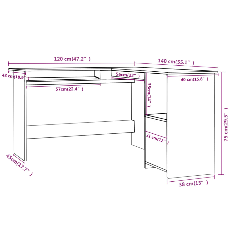 vidaXL Rohový psací stůl bílý 120 x 140 x 75 cm kompozitní dřevo