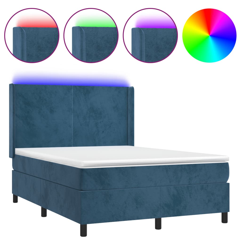 vidaXL Box spring postel s matrací a LED tmavě modrá 140x190 cm samet