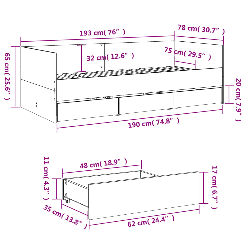 vidaXL Válenda se zásuvkami bez matrace hnědý dub 75 x 190 cm