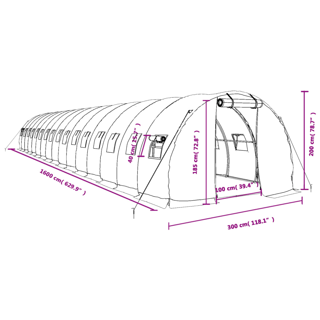 vidaXL Skleník s ocelovým rámem zelený 48 m² 16 x 3 x 2 m