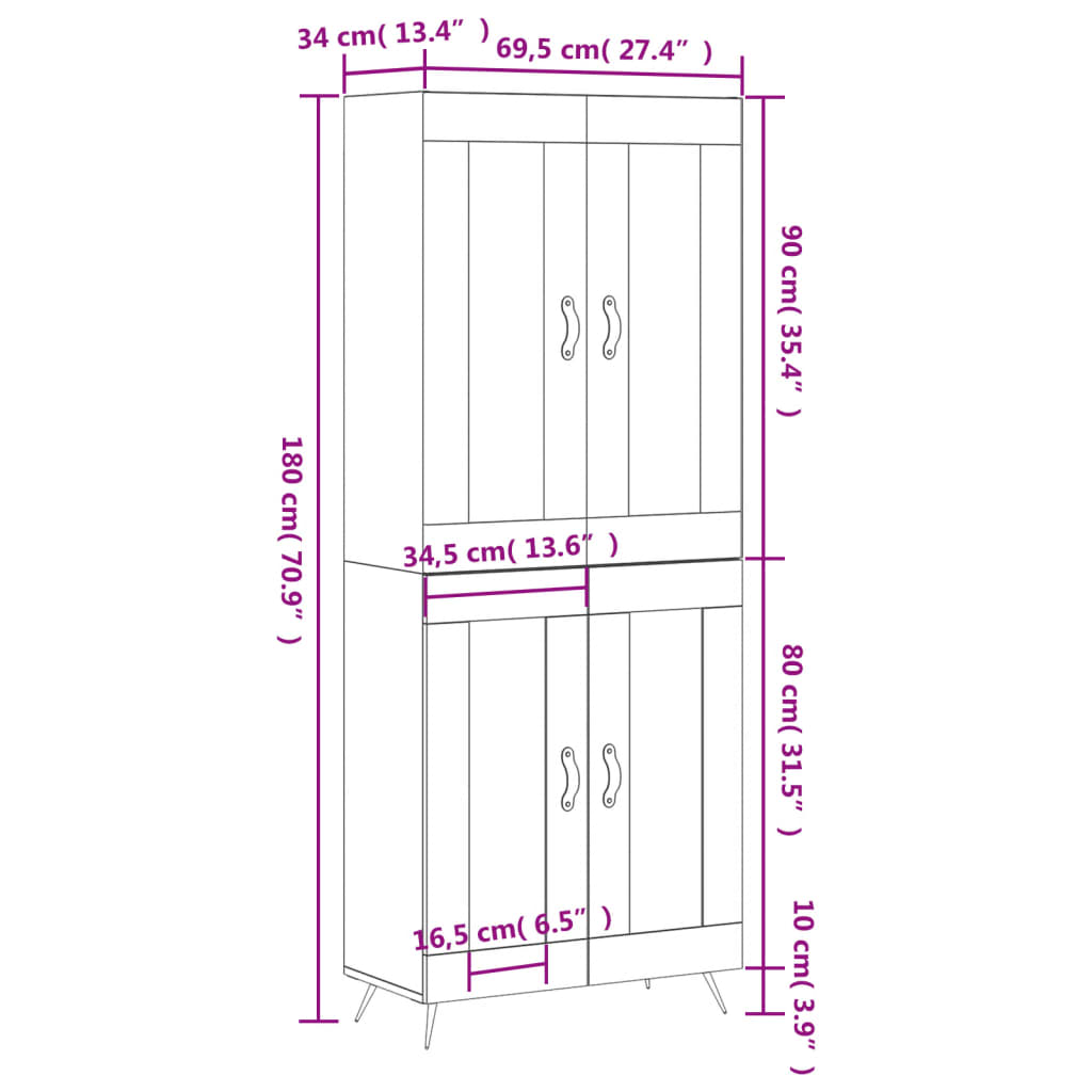 vidaXL Skříň highboard šedá sonoma 69,5 x 34 x 180 cm kompozitní dřevo