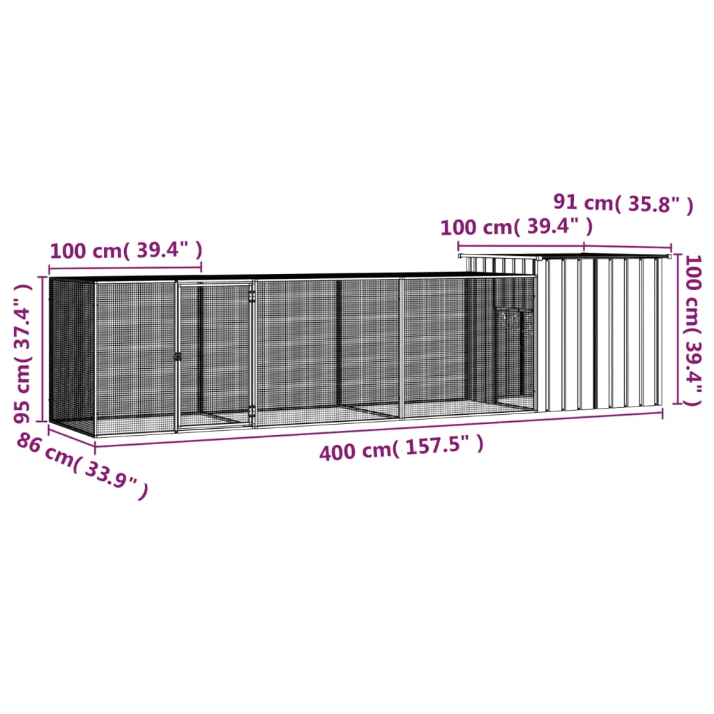 vidaXL Klec pro kuřata antracitová 400 x 91 x 100 cm pozinkovaná ocel