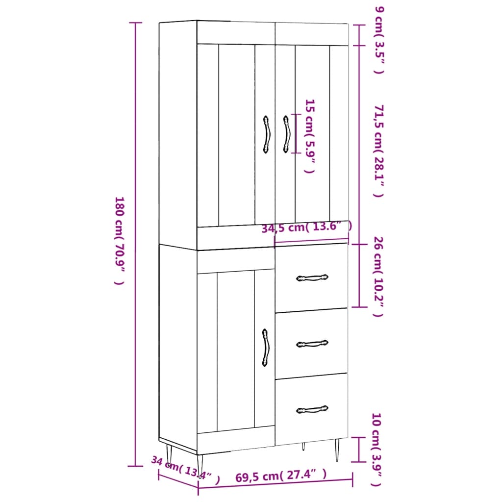 vidaXL Skříň highboard bílá 69,5 x 34 x 180 cm kompozitní dřevo