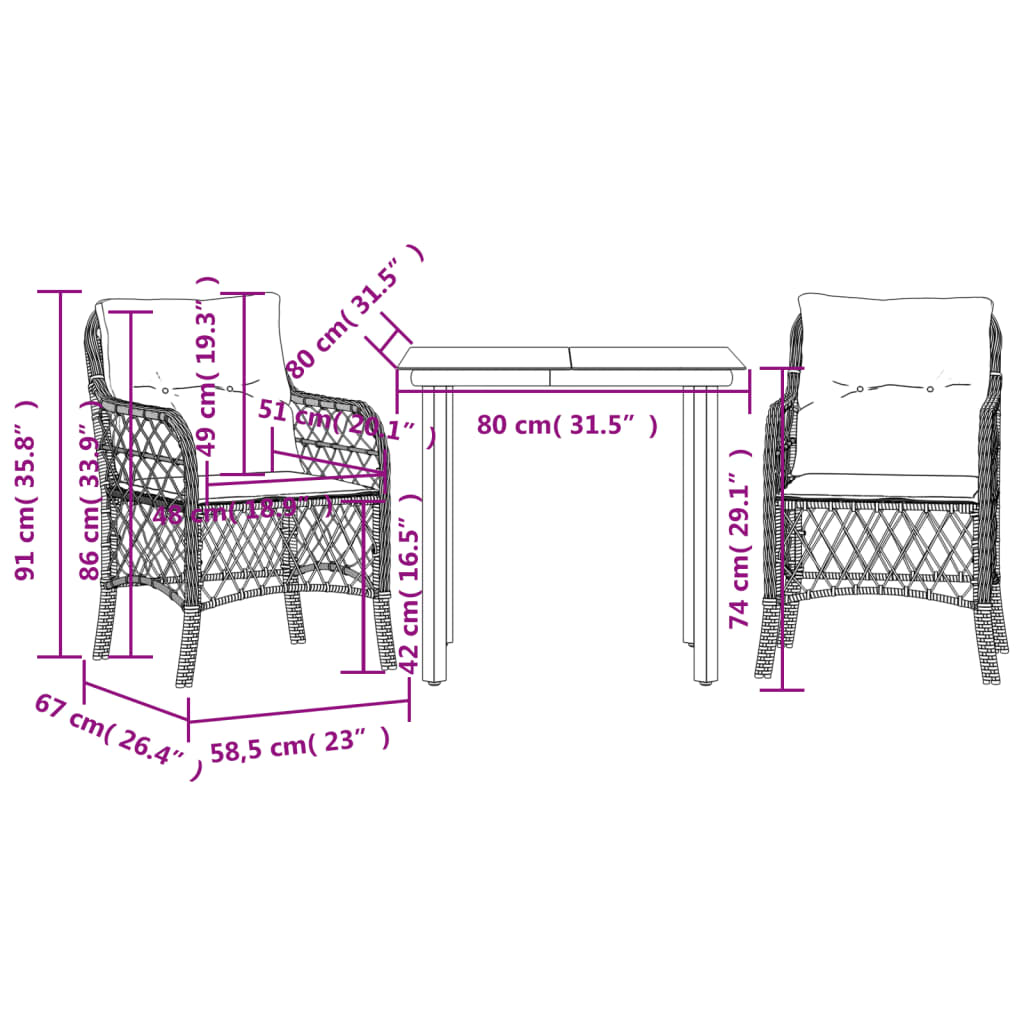 vidaXL 3dílný bistro set s poduškami černý polyratan