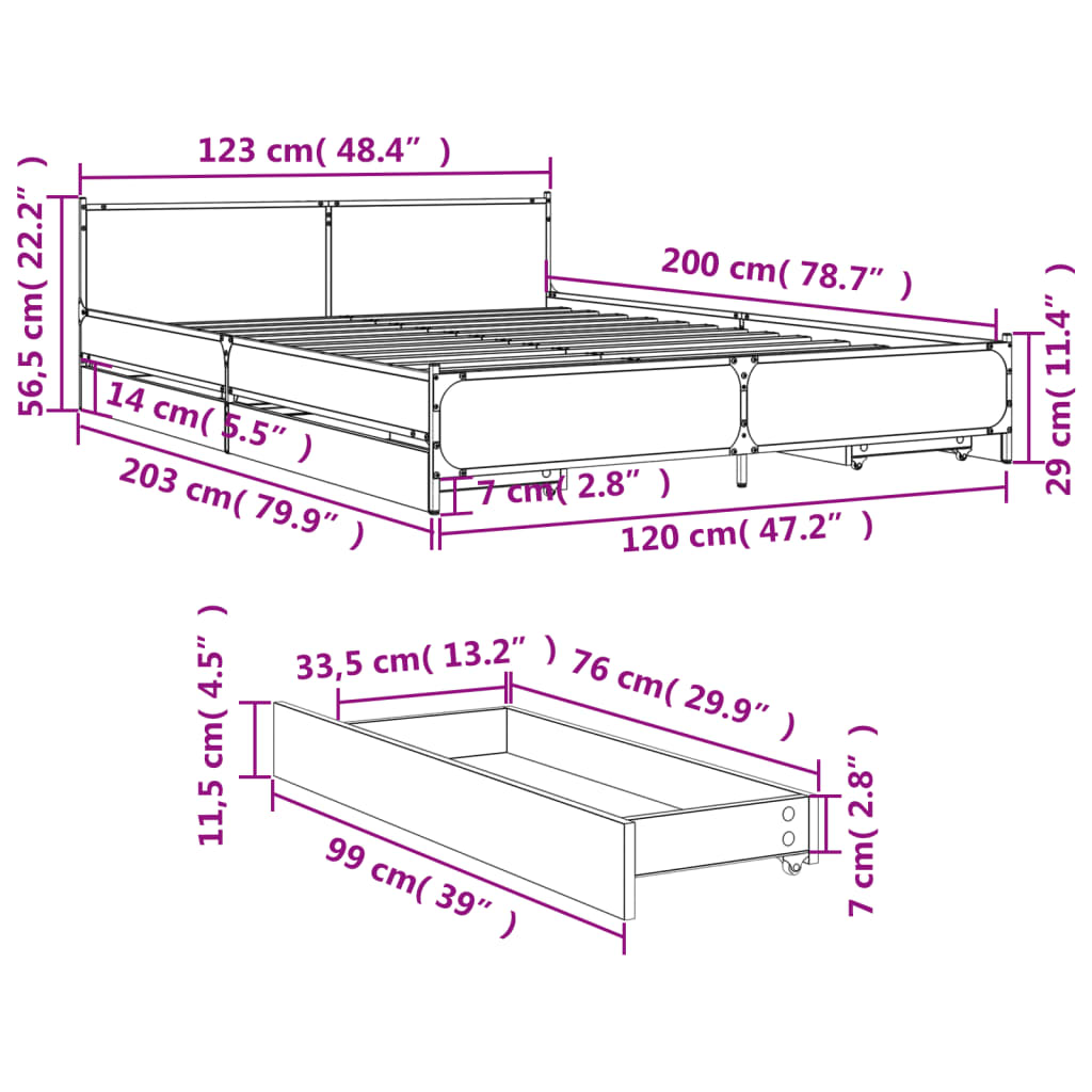 vidaXL Rám postele se zásuvkami šedý sonoma 120 x 200 cm kompozit