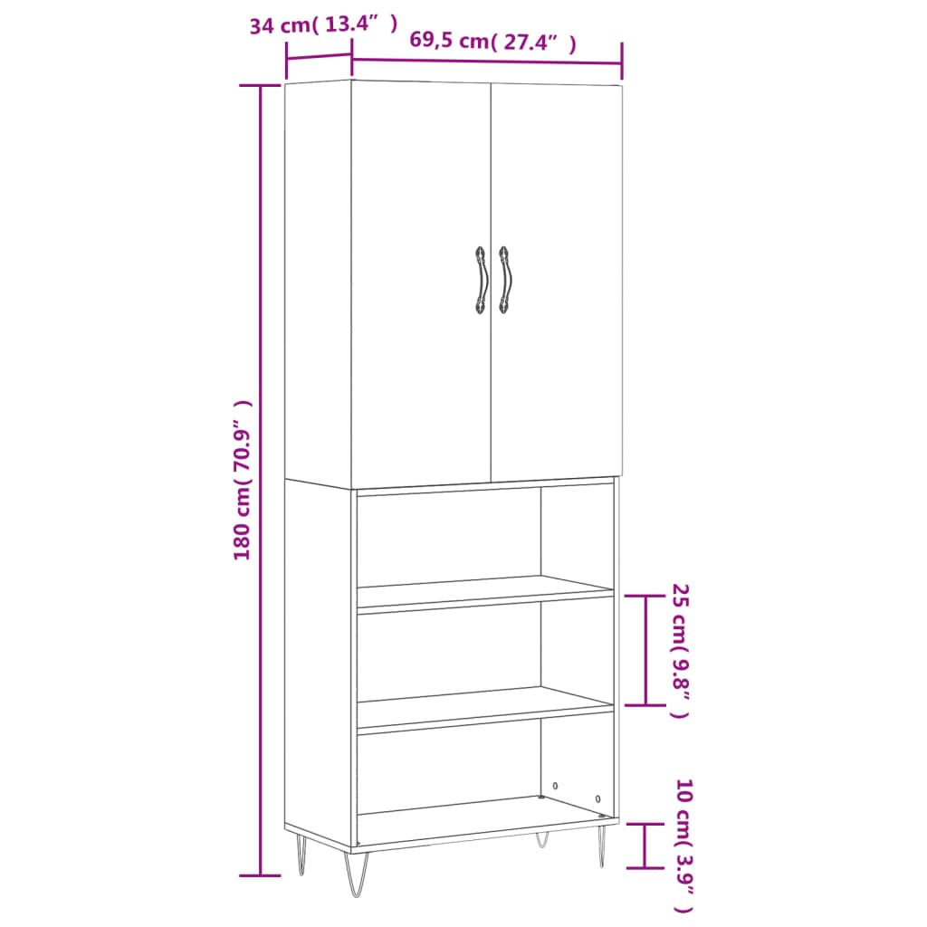 vidaXL Skříň highboard lesklá bílá 69,5 x 34 x 180 cm kompozitní dřevo