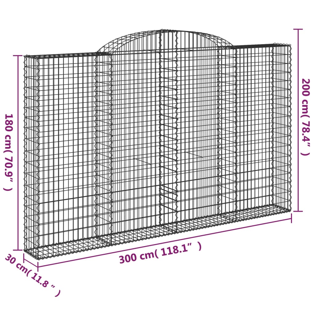 vidaXL Klenutý gabionový koš 300 x 30 x 180/200 cm pozinkované železo