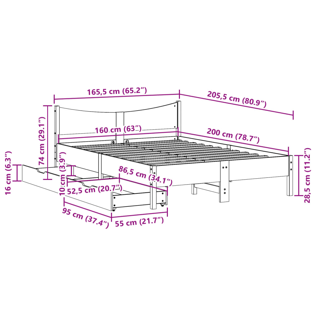 vidaXL Rám postele se zásuvkami bílý 160 x 200 cm masivní borovice