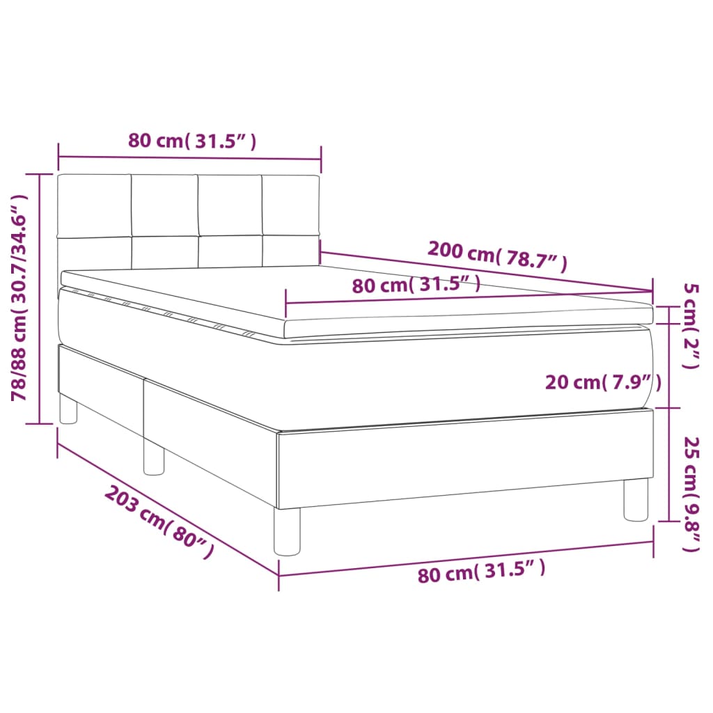 vidaXL Box spring postel s matrací a LED světle šedá 80x200 cm textil