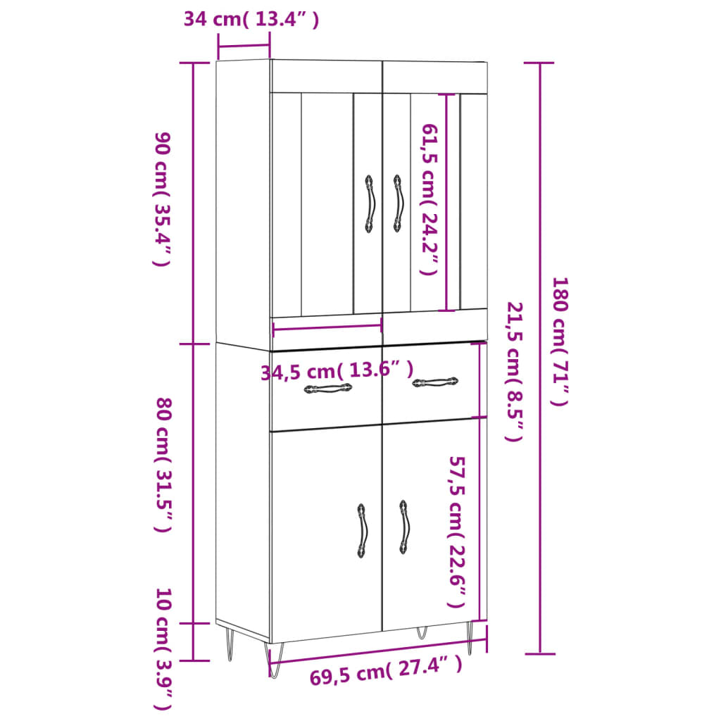 vidaXL Skříň highboard bílá 69,5 x 34 x 180 cm kompozitní dřevo