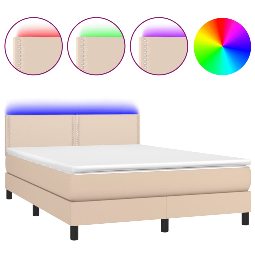 vidaXL Box spring postel matrace a LED cappuccino 140x200cm umělá kůže