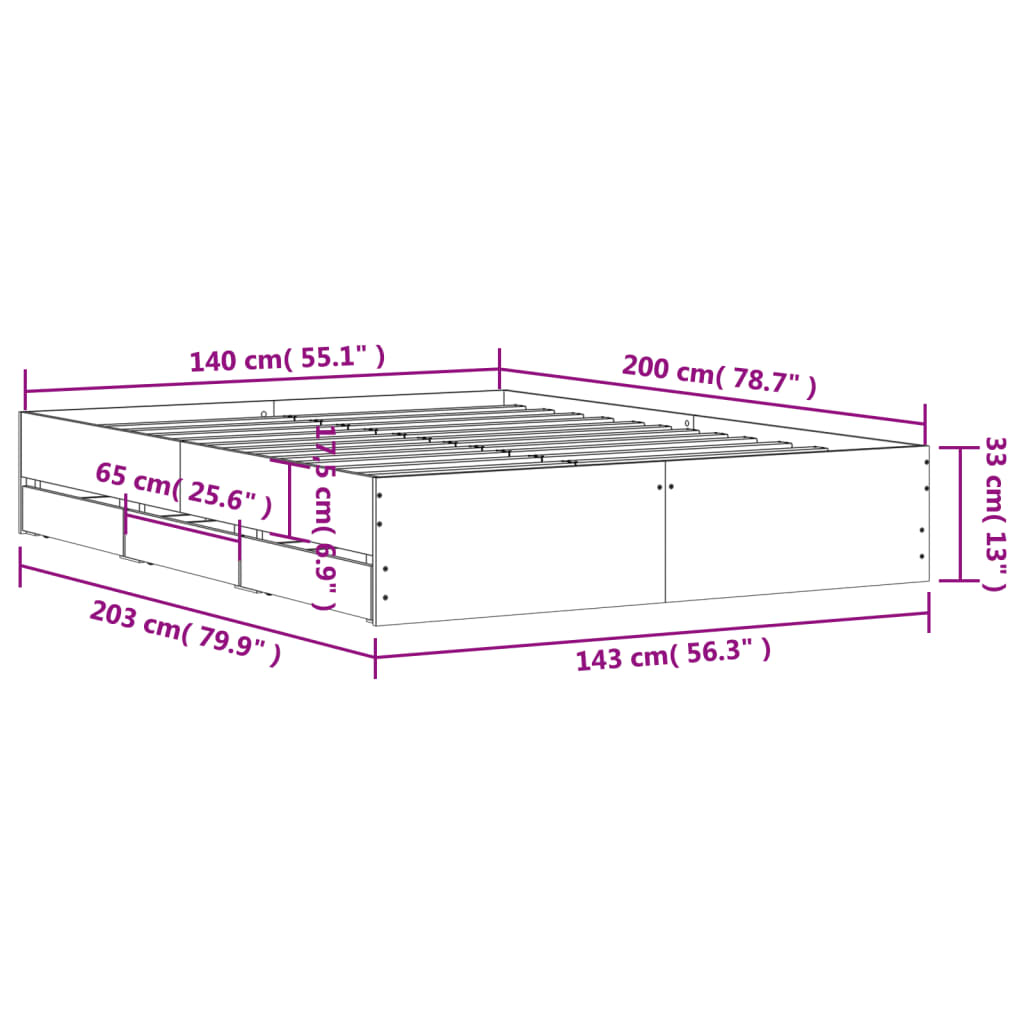 vidaXL Rám postele se zásuvkami šedý sonoma 140 x 200 cm kompozit