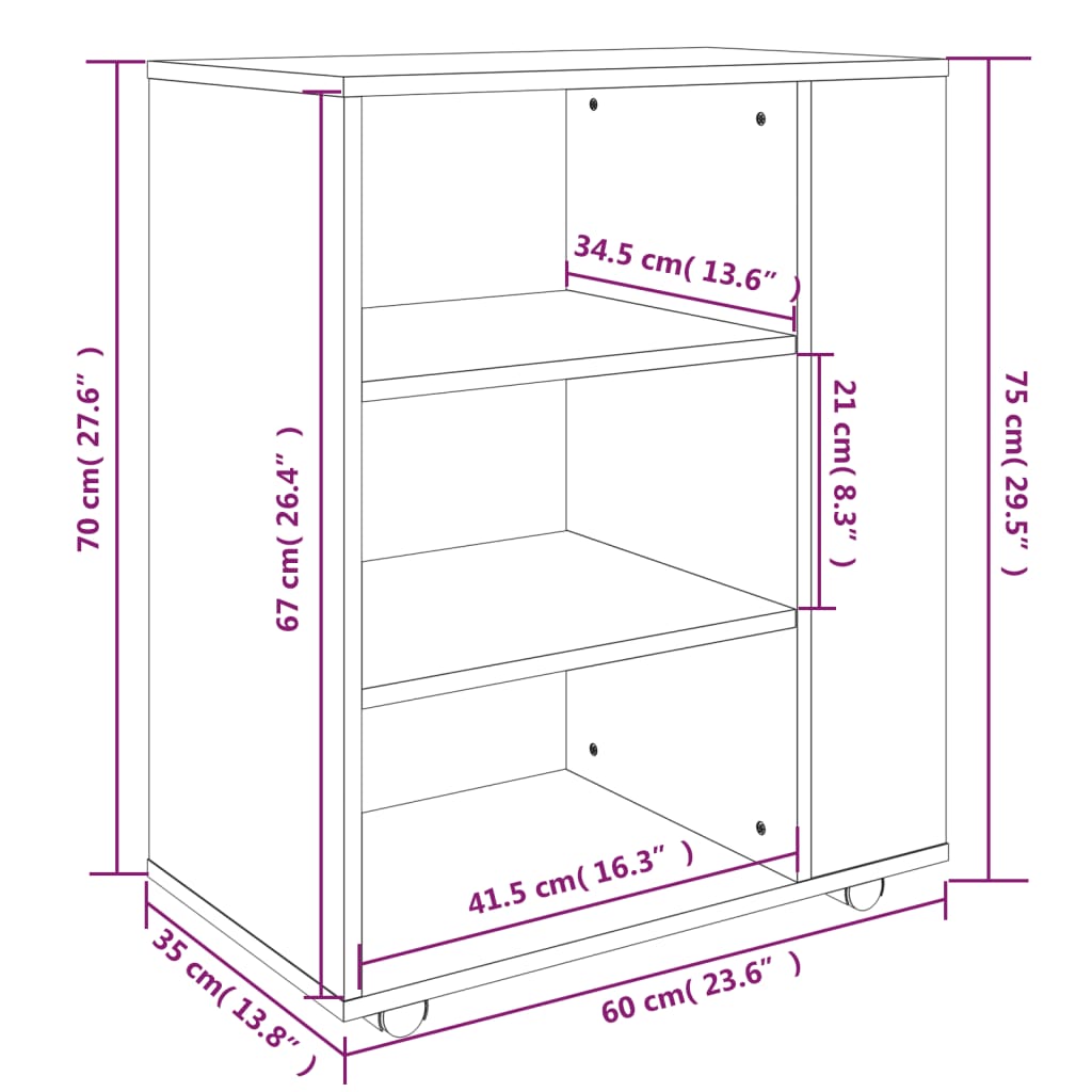 vidaXL Skříňka na kolečkách kouřový dub 60x35x75 cm kompozitní dřevo