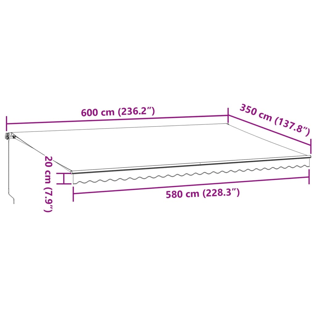 vidaXL Ručně zatahovací markýza burgundská 600 x 350 cm