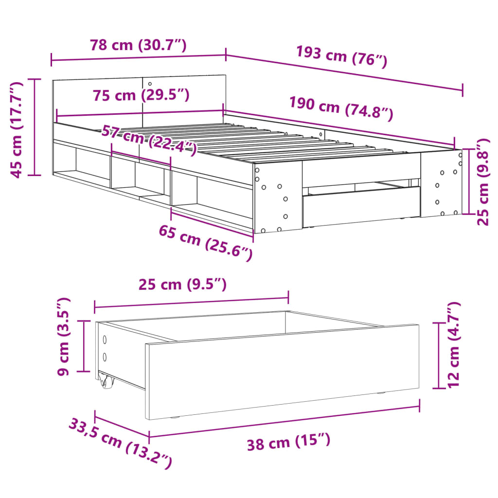 vidaXL Rám postele se zásuvkou hnědý dub 75 x 190 cm kompozitní dřevo