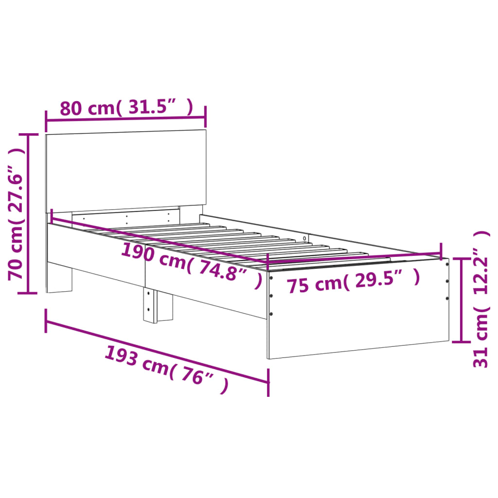 vidaXL Rám postele s čelem a LED osvětlením šedý sonoma 75 x 190 cm