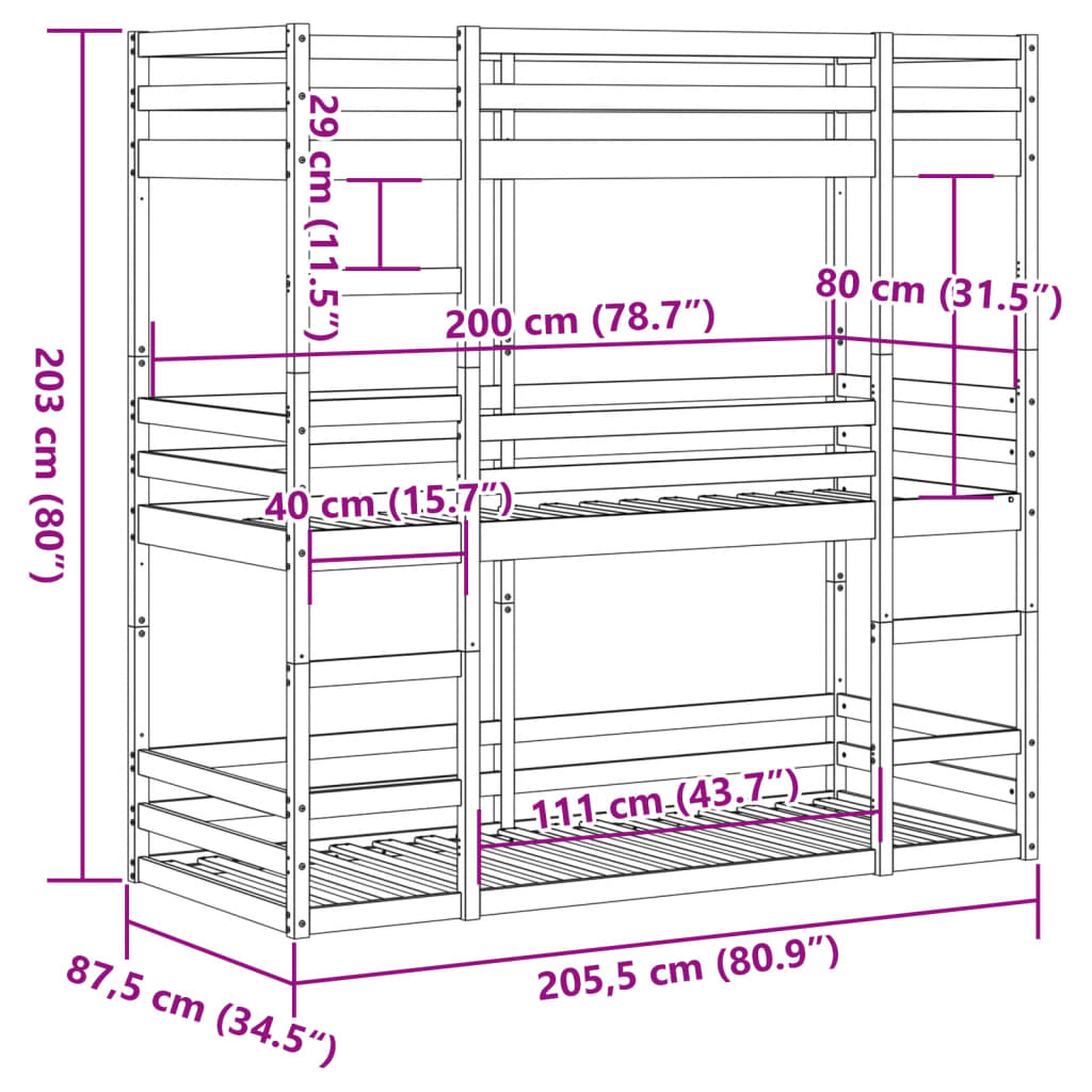 vidaXL Třípatrová postel 80 x 200 cm masivní borové dřevo