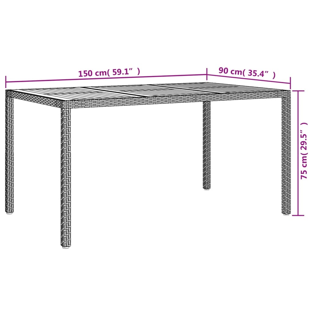 vidaXL Zahradní stůl 150 x 90 x 75 cm polyratan a akáciové dřevo šedý